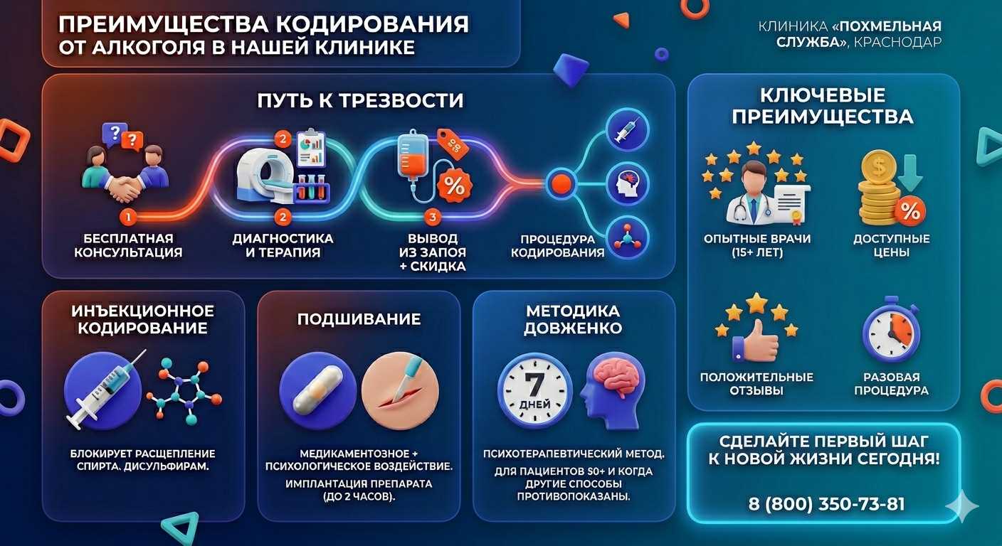 Инфографика о методах кодирования от алкоголя в Карагае: инъекции, подшивание, метод Довженко. Преимущества клиники и этапы лечения.