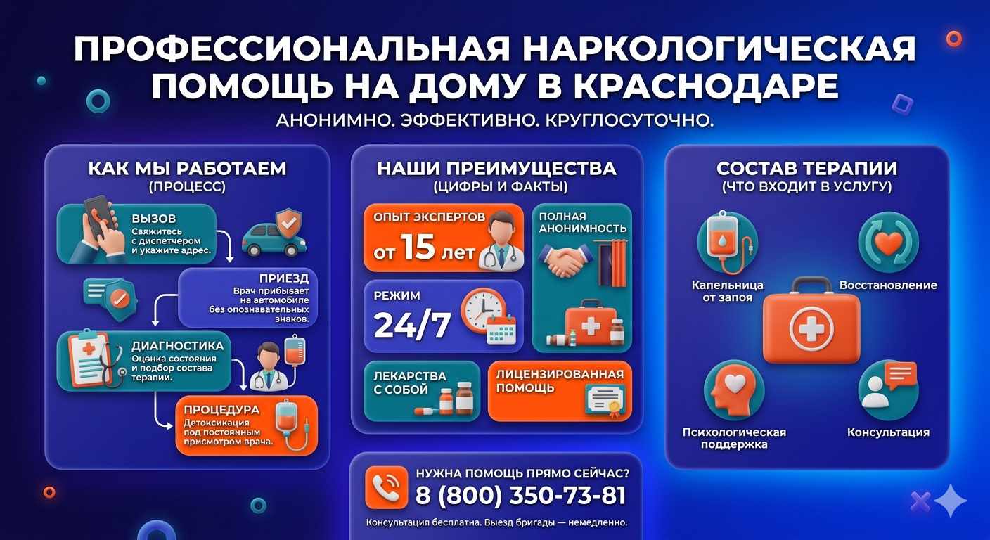 Инфографика о принципах лечения алкоголизма на дому в Карагае: этапы вызова нарколога, преимущества анонимной детоксикации и состав медицинской помощи.